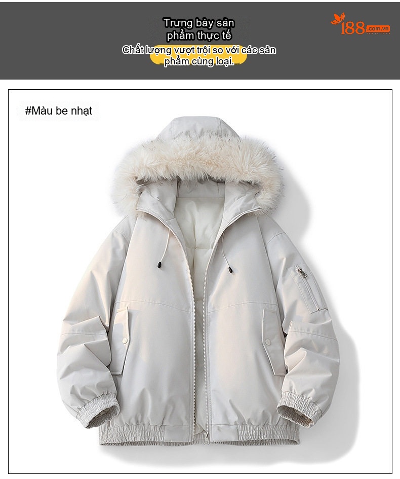 Áo Khoác Parka Nam Nữ Cotton Lót Lông Cừu Giả Cổ Điển Mũ Trùm Đầu Màu Xám, Đen, Trắng, Xanh... chi tiết 6