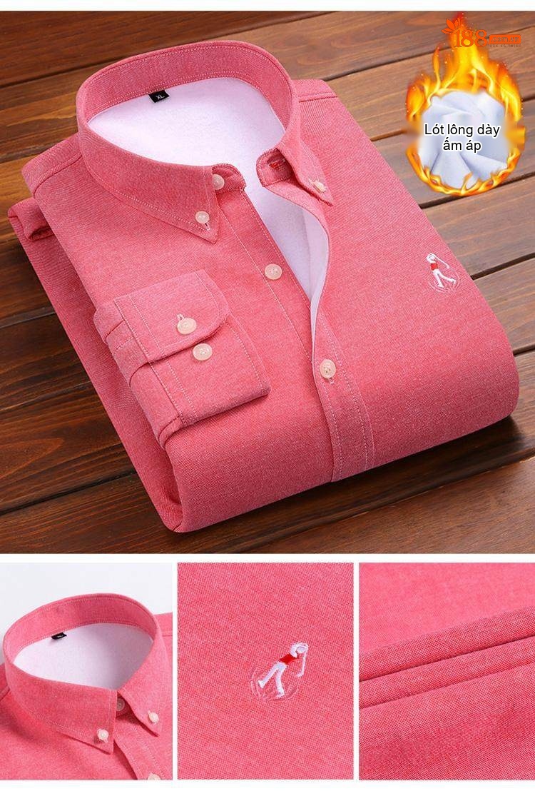 Áo Sơ Mi Nam Dài Tay Cotton Oxford Lót Lông Dày Dặn Thêu Hình Màu Xanh Dương, Xanh Navy, Tím, Đỏ... chi tiết 10