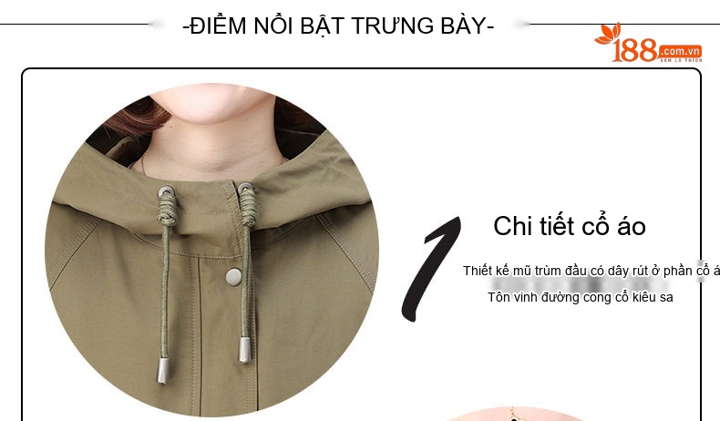 Áo Khoác Gió Nữ Dáng Ngắn Có Mũ Trùm Đầu Dây Rút Màu Xanh Olive chi tiết 5