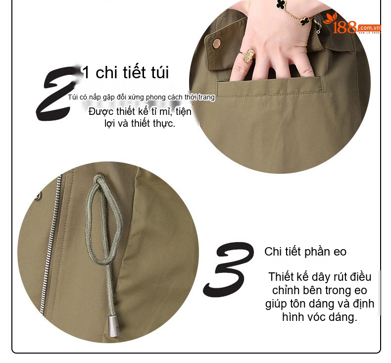 Áo Khoác Gió Nữ Dáng Ngắn Có Mũ Trùm Đầu Dây Rút Màu Xanh Olive chi tiết 6