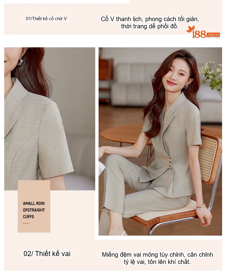 Set Bộ Vest Công Sở Nữ Tay Ngắn Dáng Ôm Chân Váy Màu Be, Xanh Navy, Đen chi tiết 5