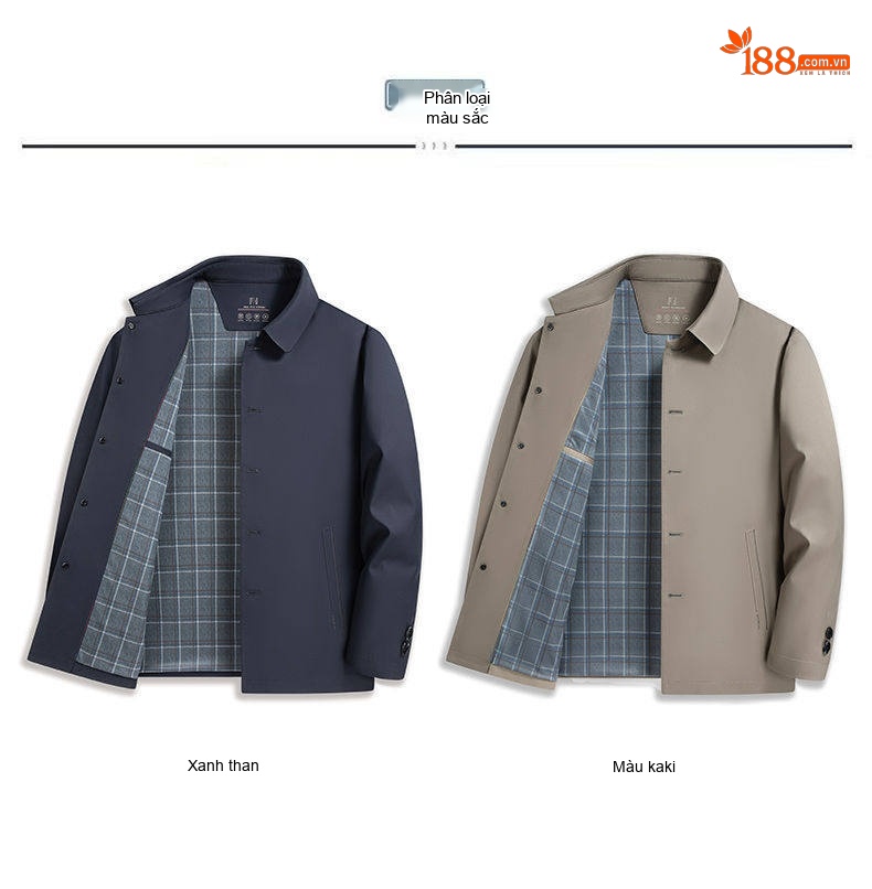 Áo Khoác Nam Cổ Bẻ Nút Bấm Phong Cách Công Sở Màu Xanh Navy, Kem chi tiết 7