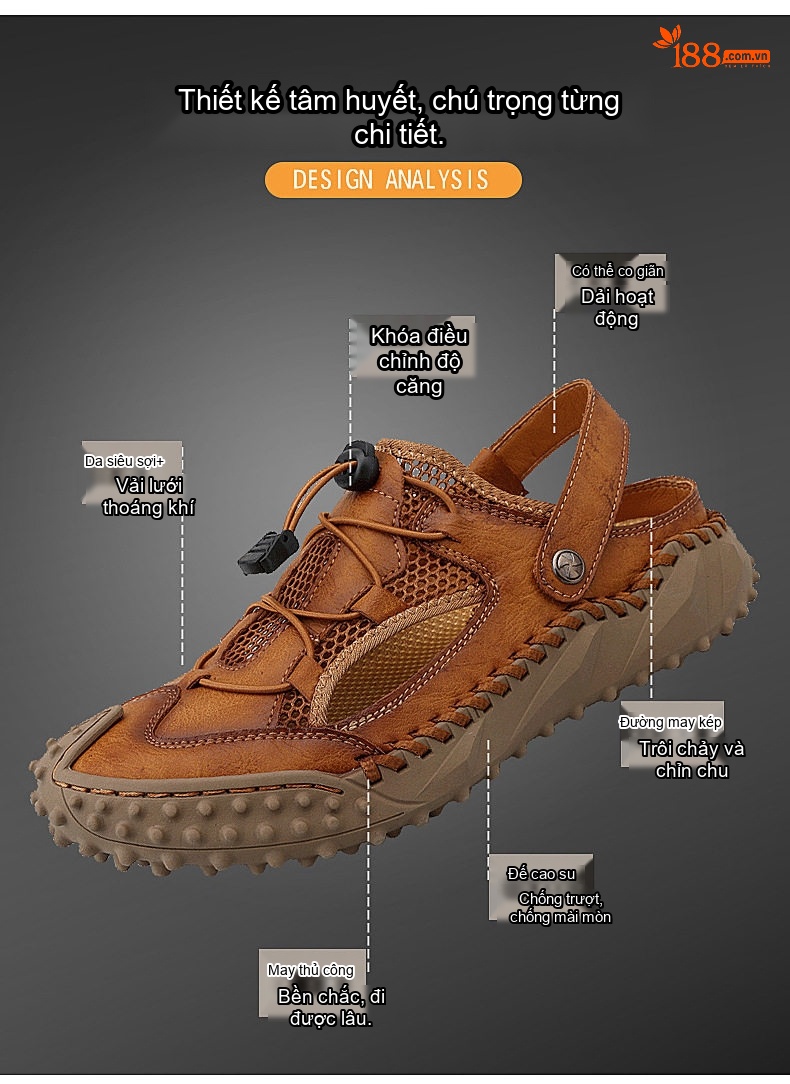 Sandal Nam Bít Mũi Da Mềm Lưới Thoáng Khí Đế Mềm Cao 3cm chi tiết 7