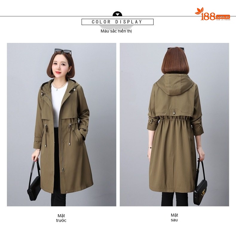 Áo Khoác Gió Dáng Dài Nữ Có Mũ Trùm Đầu Dây Rút Thon Gọn Phong Cách Hàn Quốc Màu Xanh Olive chi tiết 9