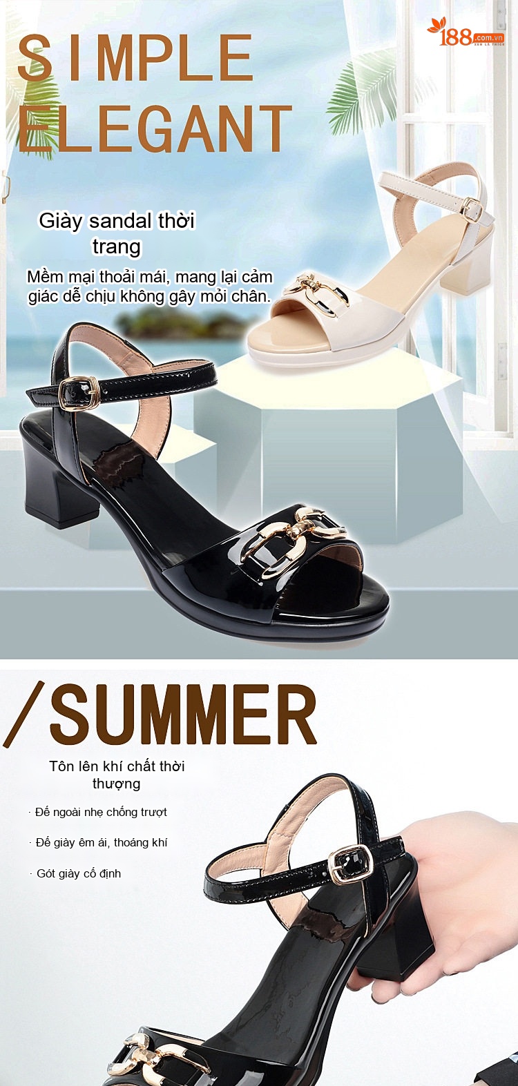 Giày Sandal Cao Gót Nữ Quai Ngang Da Bóng Gót Cao 7cm - 8cm Màu Đen, Kem chi tiết 1