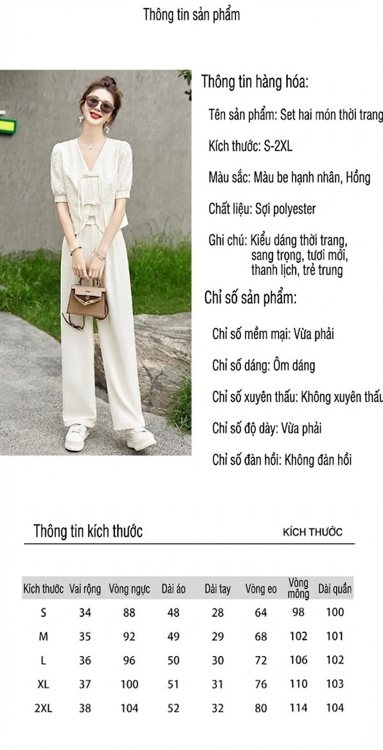 Set Bộ Quần Áo Nữ Phong Cách Trung Hoa Cổ Điển Thiết Kế Tiểu Thư Quần Ống Rộng Khuy Cài Màu Trắng, Hồng chi tiết 1