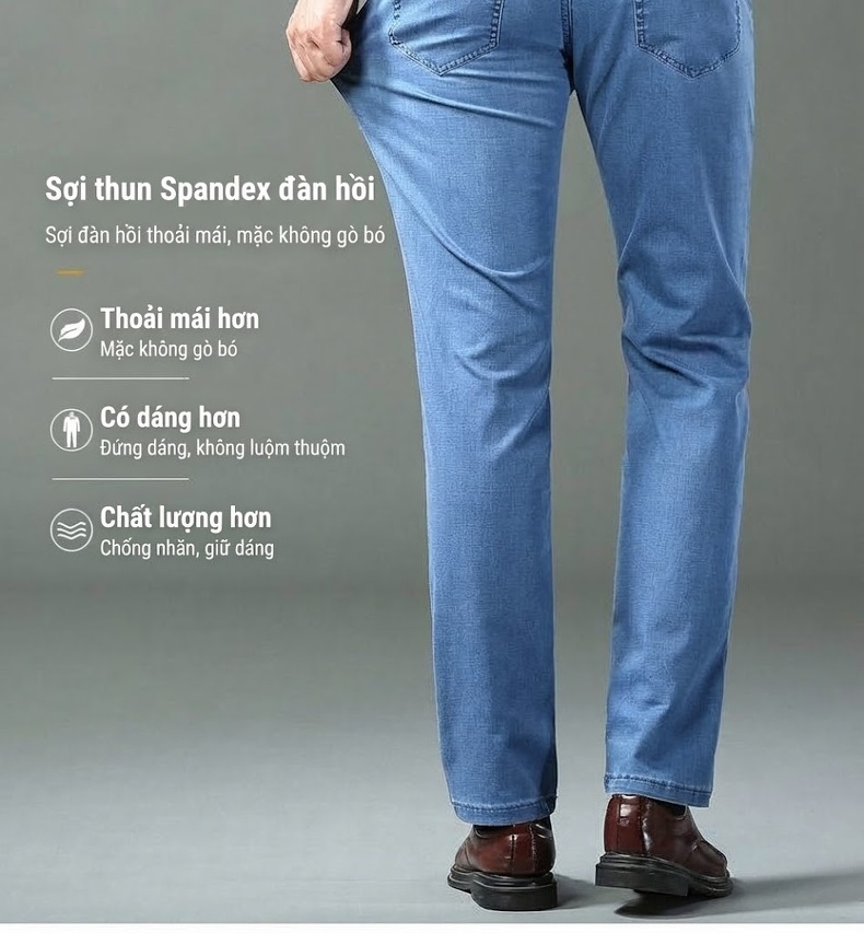 Quần Jean Dài Nam Ống Đứng Co Giãn Vừa Vặn Màu Xanh Navy chi tiết 4