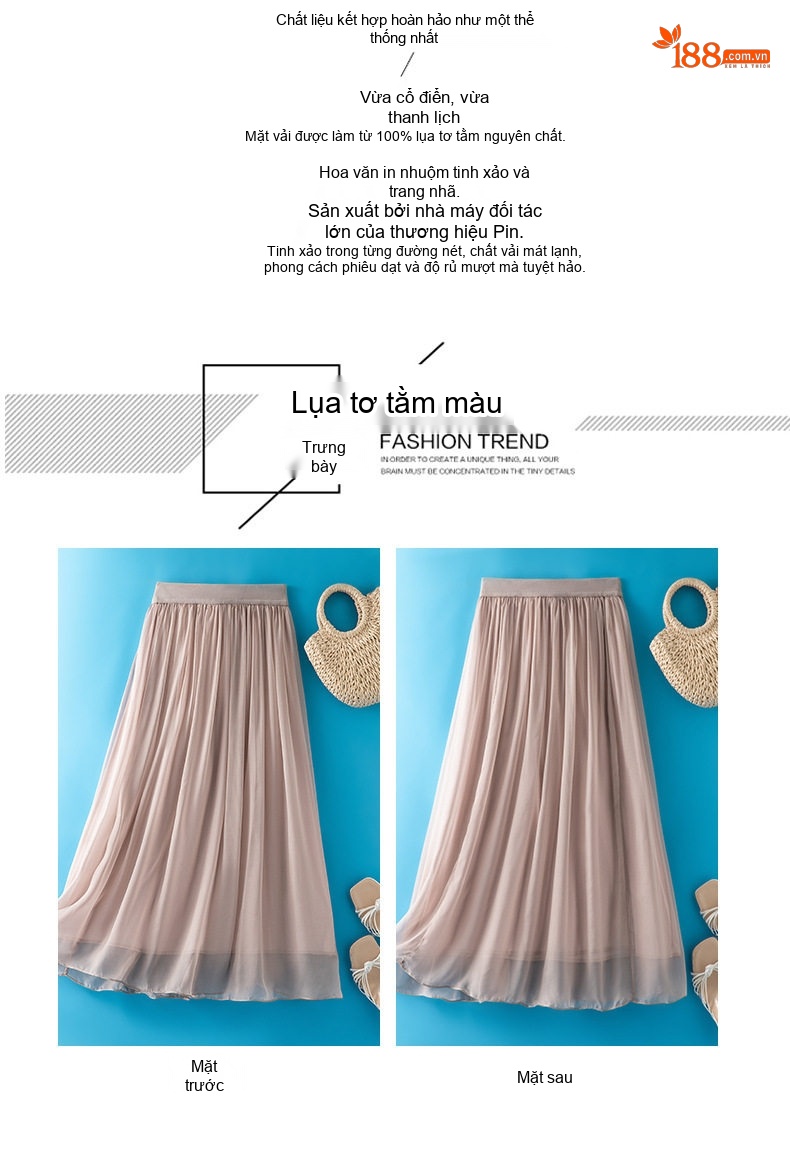 Chân Váy Nữ Lụa Tằm Bohemian Dáng Dài Cao Eo Thời Trang Màu Be chi tiết 3