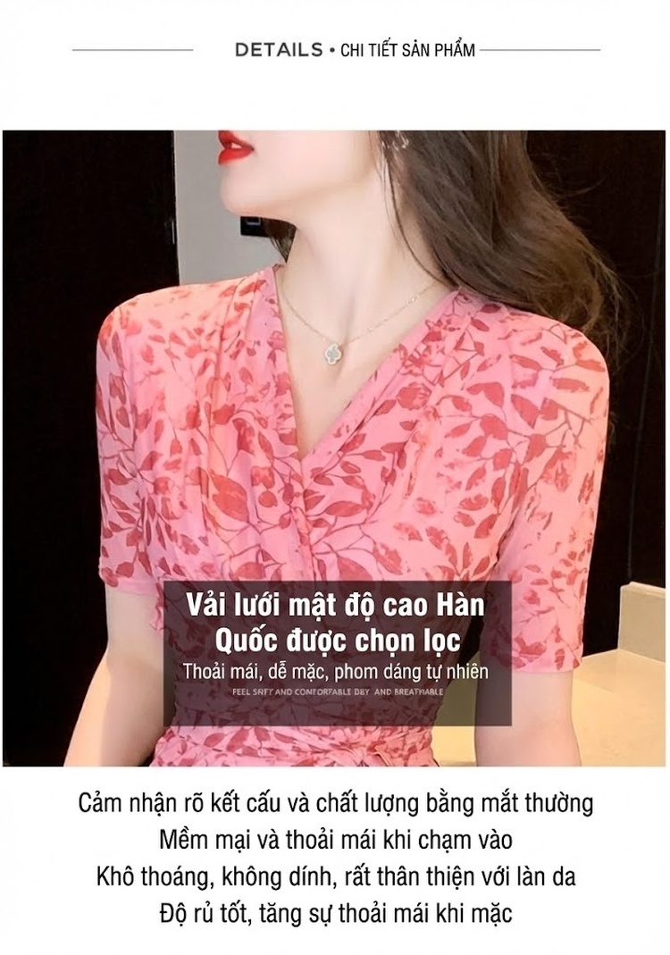 Váy Ôm Body In Hoa Lưới Phong Cách Thanh Lịch Cổ Chữ V Thắt Eo Màu Hồng chi tiết 2