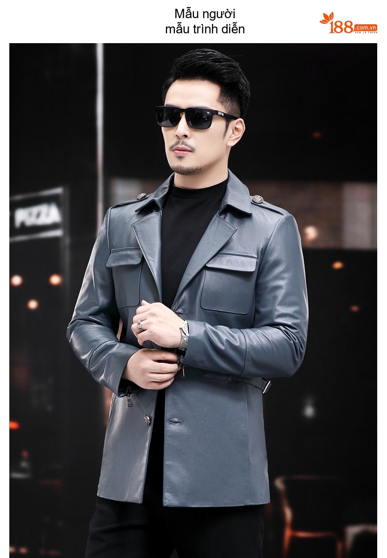 Áo Khoác Da Thật Nam Dáng Blazer Dáng Dài Vừa Màu Xám Xanh chi tiết 1