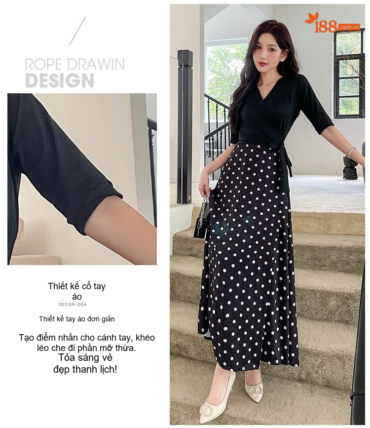 Váy Đầm Nữ Dáng Dài Họa Tiết Chấm Bi Eo Thun Xẻ Tà Phong Cách Pháp Màu Đen chi tiết 3