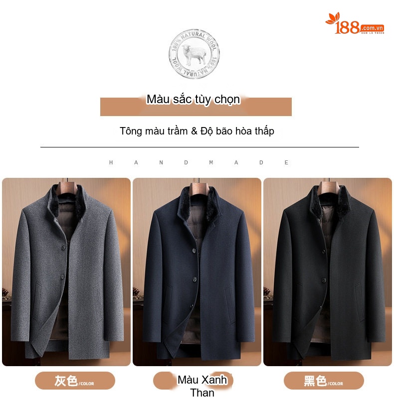 Áo Khoác Dạ Nam Lông Cổ Chồn Tháo Rời Lót Lông Vũ Màu Xám, Xanh Navy, Đen chi tiết 17