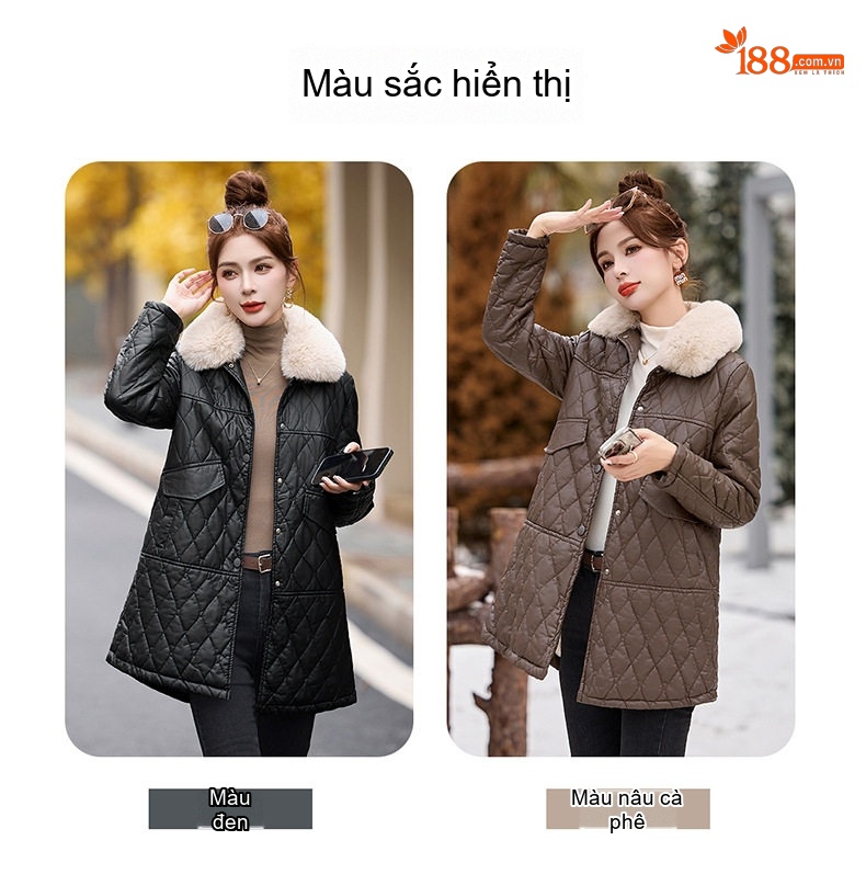 Áo Khoác Nữ Da Bóng Lót Lông Cổ Lông Dày Dặn Phong Cách Hàn Quốc Màu Nâu, Đen chi tiết 3