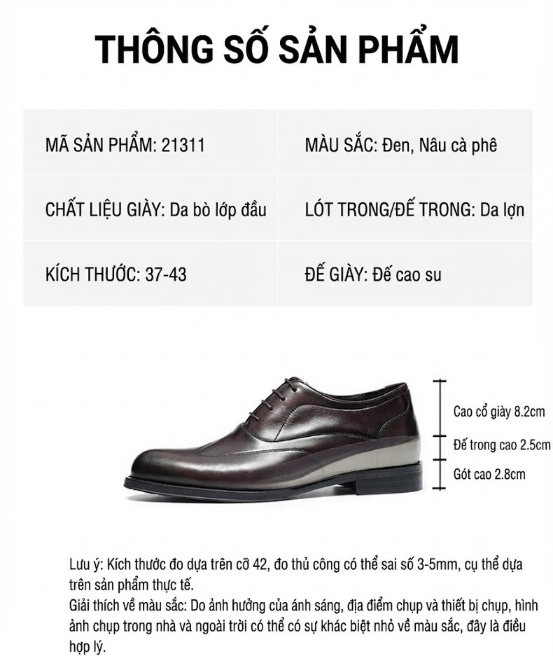 Giày Tây Buộc Dây Nam Da Bò Chiều Cao Đế 5.3cm Mũi Nhọn Màu Đen, Nâu chi tiết 3