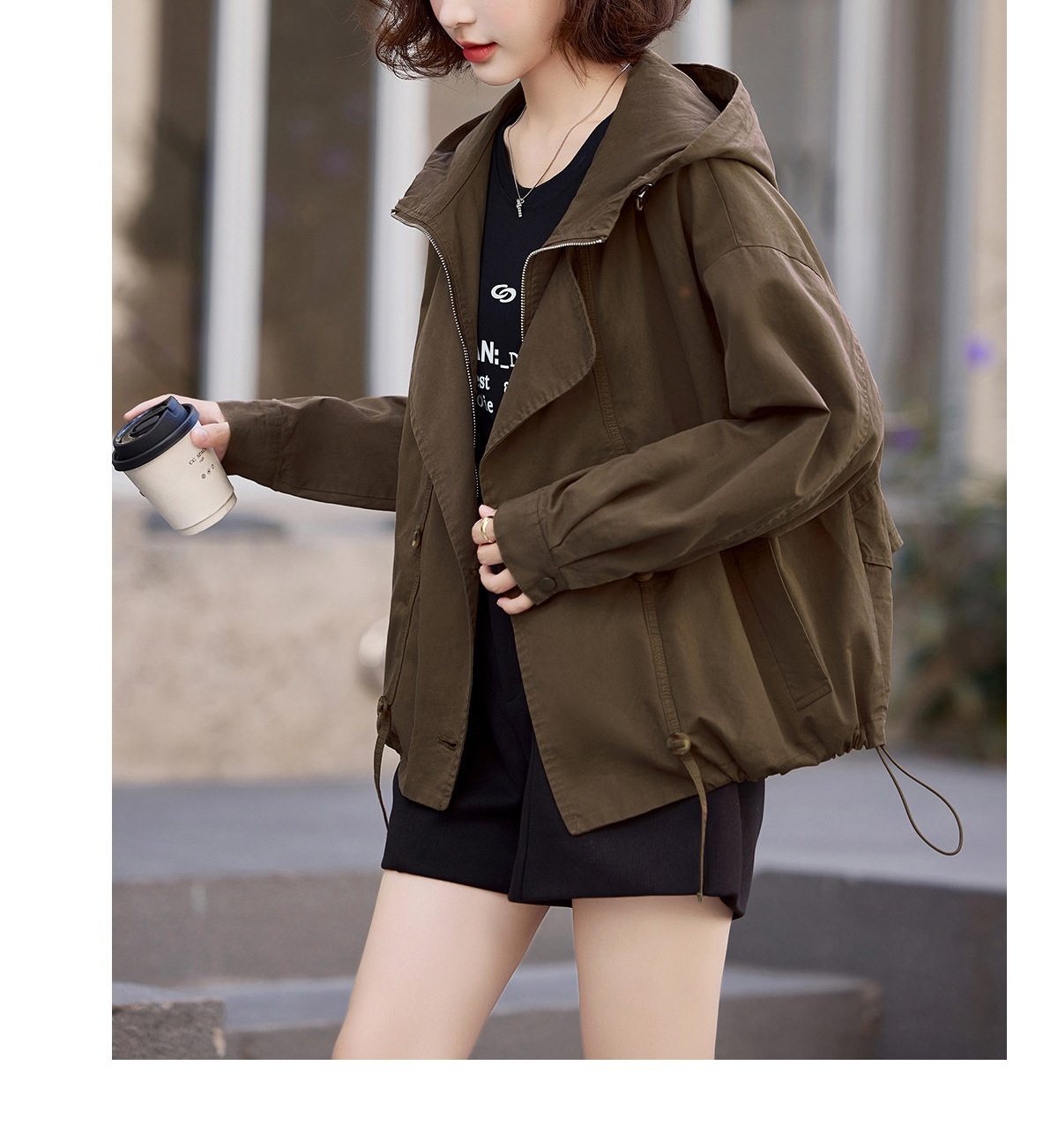 Áo Khoác Gió Nữ Dáng Ngắn Mũ Trùm Đầu Phong Cách Thời Trang Trẻ Trung Màu Xanh Olive chi tiết 29