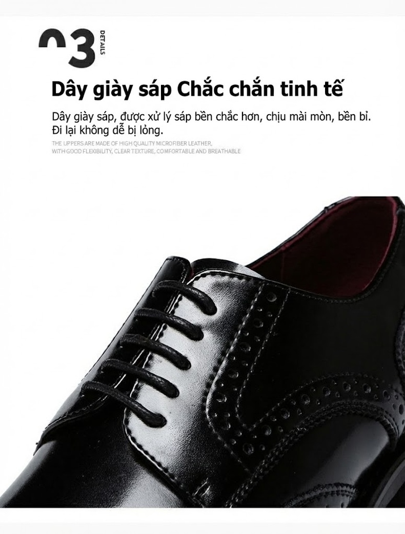Giày Tây Buộc Dây Nam Da Thật Brogue Chiều Cao Đế Khoảng 3cm Màu Đen, Nâu chi tiết 9