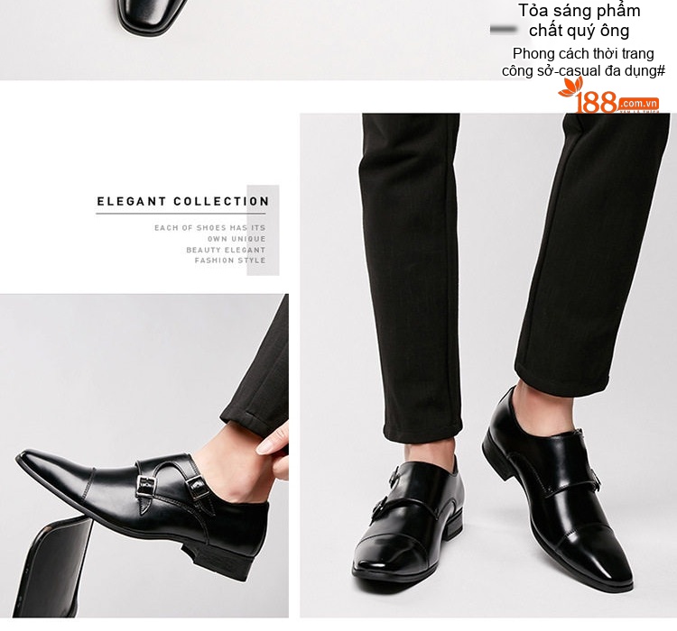 Giày Tây Monk Strap Nam Da Thật Chiều Cao Đế Khoảng 3cm Màu Đen, Nâu chi tiết 11