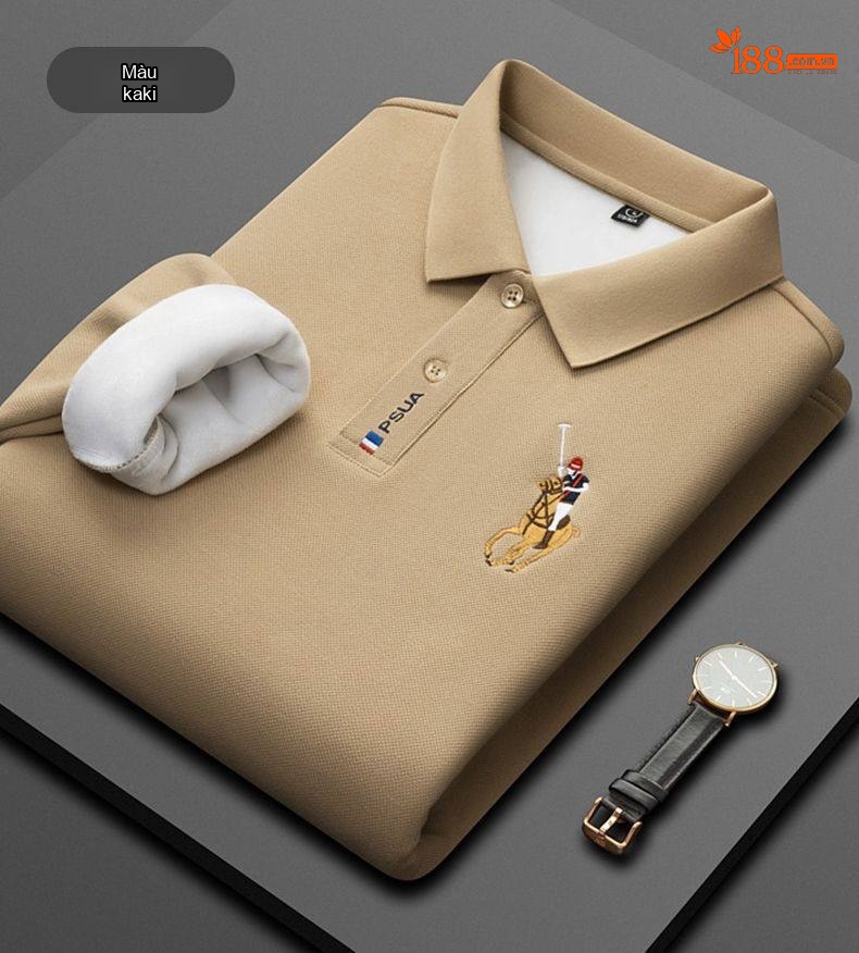 Áo Polo Nam Tay Dài Cotton Lót Lông Cừu Màu Xanh Dương, Xanh Navy, Kem, Xanh Lá chi tiết 18