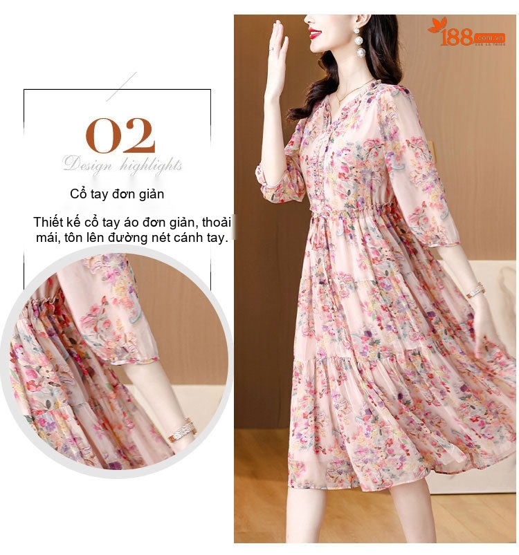 Váy liền thân Nữ Lụa Gấm Họa Tiết Hoa Nhí Cổ Điển Thanh Lịch chi tiết 5