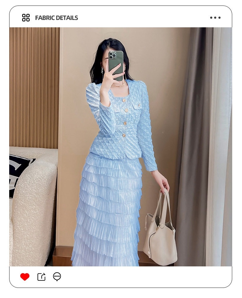 Set Áo Blazer và Chân Váy Xếp Tầng Nữ Tính Dự Tiệc Màu Xanh, Trắng chi tiết 20