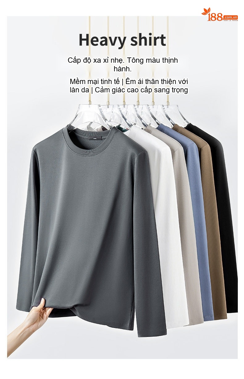Áo Thun Dài Tay Nam Cotton Lụa Xử Lý Amoniac Màu Trắng, Kem, Nâu, Đen chi tiết 13
