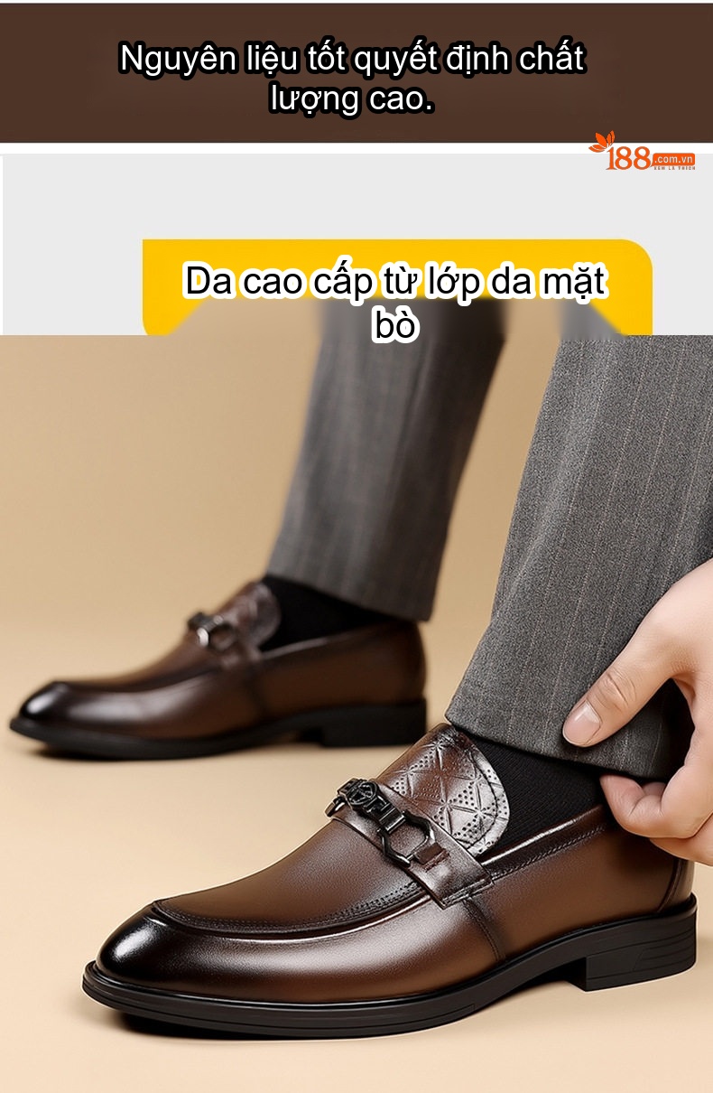 Giày Lười Nam Da Bò Mũi Tròn Chiều Cao Đế Khoảng 3cm Màu Đen, Nâu chi tiết 2