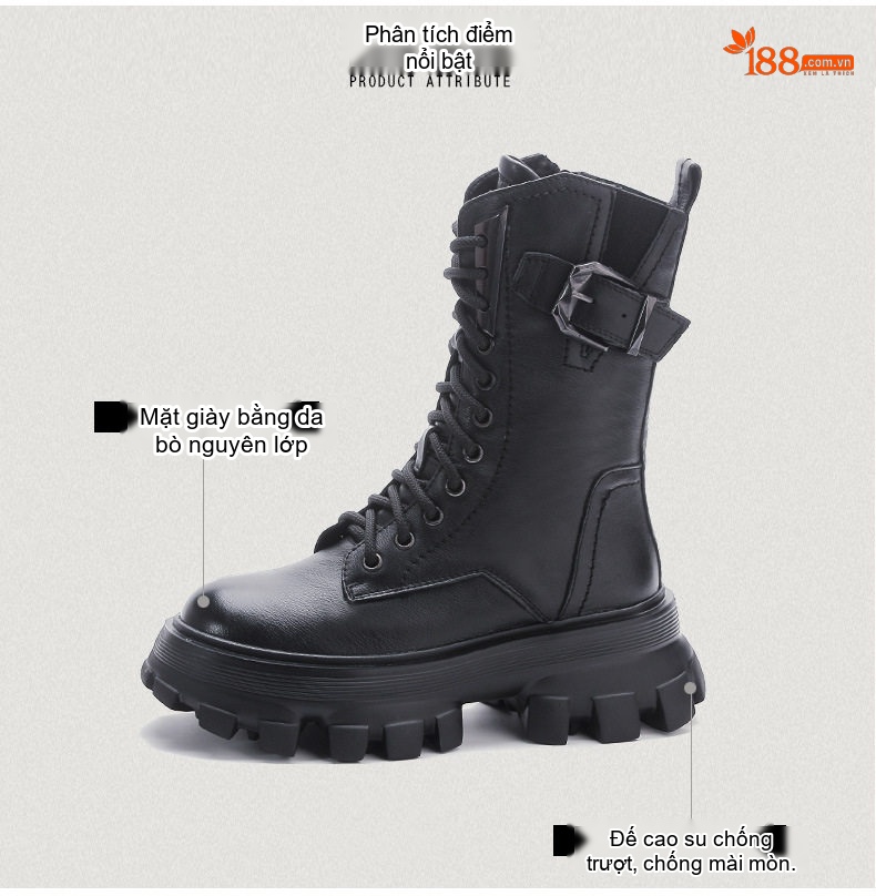 Boot Martin Nữ Da Bò Cổ Lửng Khóa Cài Phong Cách Anh Chiều Cao Đế Khoảng 5cm Màu Nâu, Đen chi tiết 3