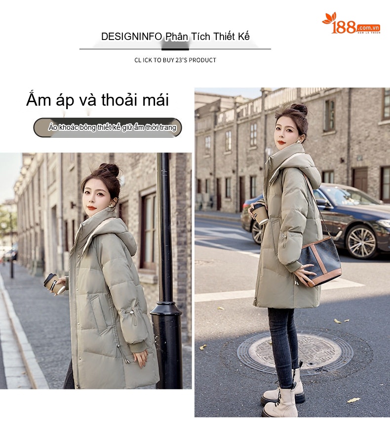 Áo Khoác Phao Nữ Dáng Dài Hàn Quốc Thiết Kế Ins Cotton Dày Dặn Màu Đen, Xám chi tiết 7