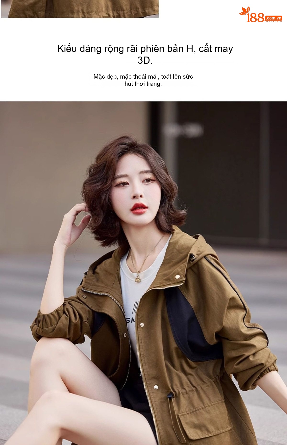 Áo Khoác Gió Dáng Rộng Nữ Trung Niên Có Mũ Trùm Đầu Dây Rút Eo Phong Cách Hàn Quốc Màu Xanh Olive, Đen chi tiết 13