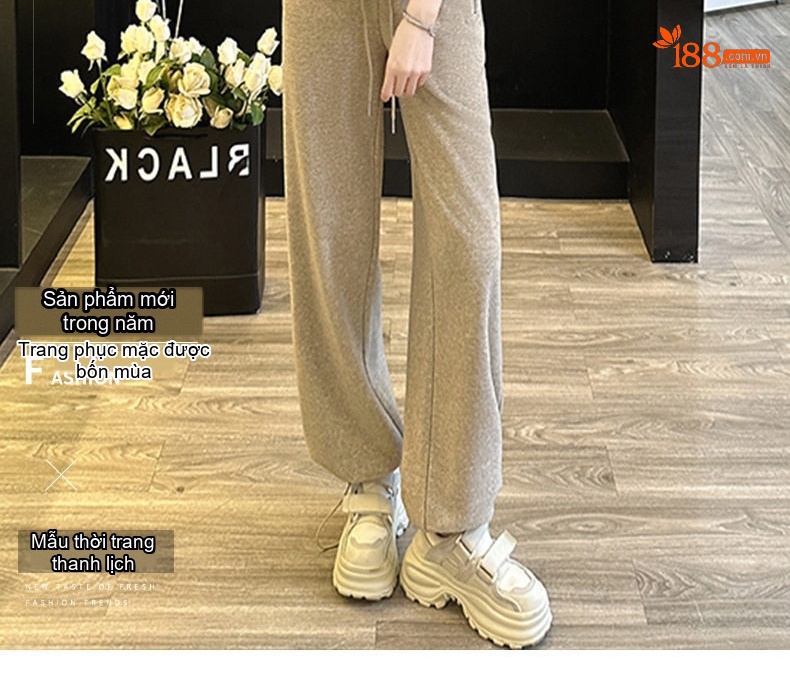 Bộ Quần Áo Nữ Áo Khoác Có Khóa Kéo Quần Ống Rộng Lót Lông Màu Be chi tiết 1