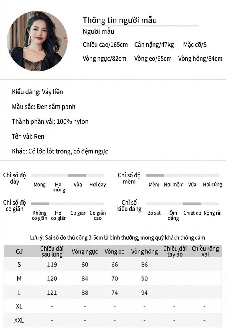 Váy Dài Nữ Tay Bèo Nhún Ôm Dáng Thiết Kế Ren Sang Trọng Màu Đen chi tiết 2