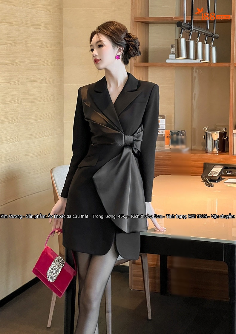Đầm Vest Nữ Thiết Kế Cổ chữ Vạt Chéo, Chiết Eo Nơ, Hở Lưng Phong Cách Ulzzang Màu Đen chi tiết 12