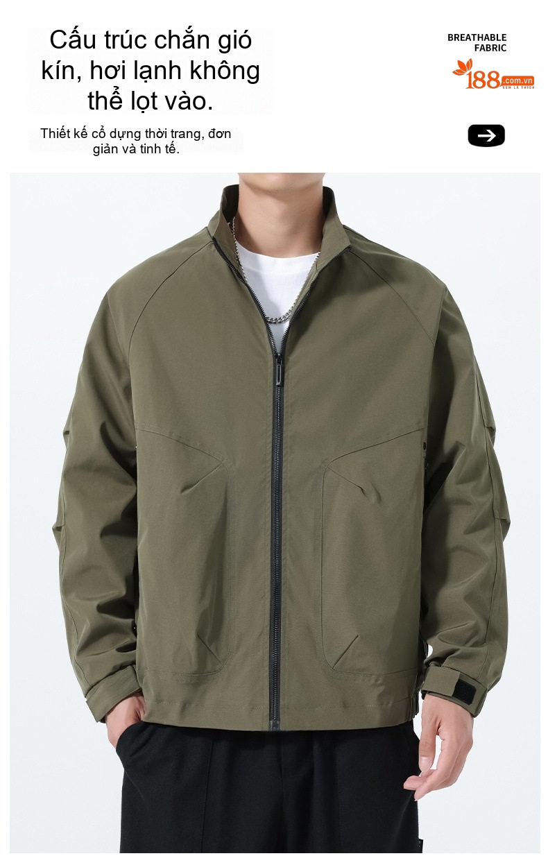 Áo Khoác Bomber Nam Cổ Trụ Phong Cách Công Sở Màu Đen, Kem, Xanh Rêu chi tiết 7