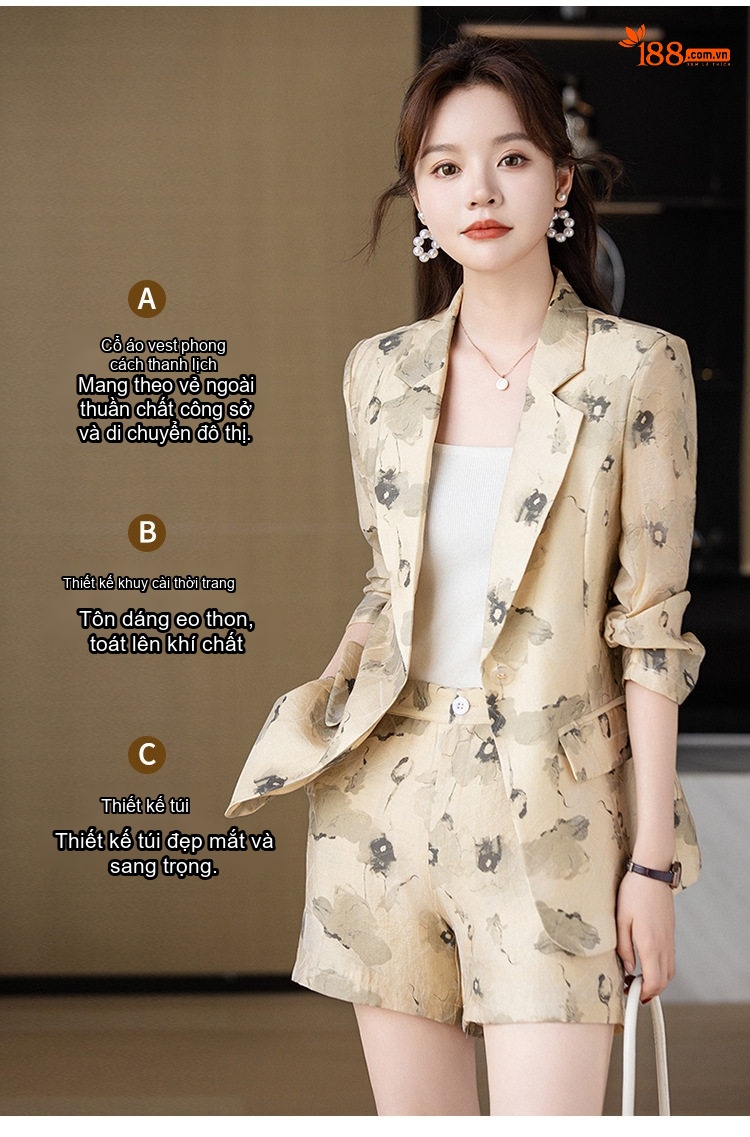 Bộ Vest Blazer Nữ Tay Lỡ In Họa Tiết Thiết Kế Kèm Quần Short Màu Be, Xanh chi tiết 2