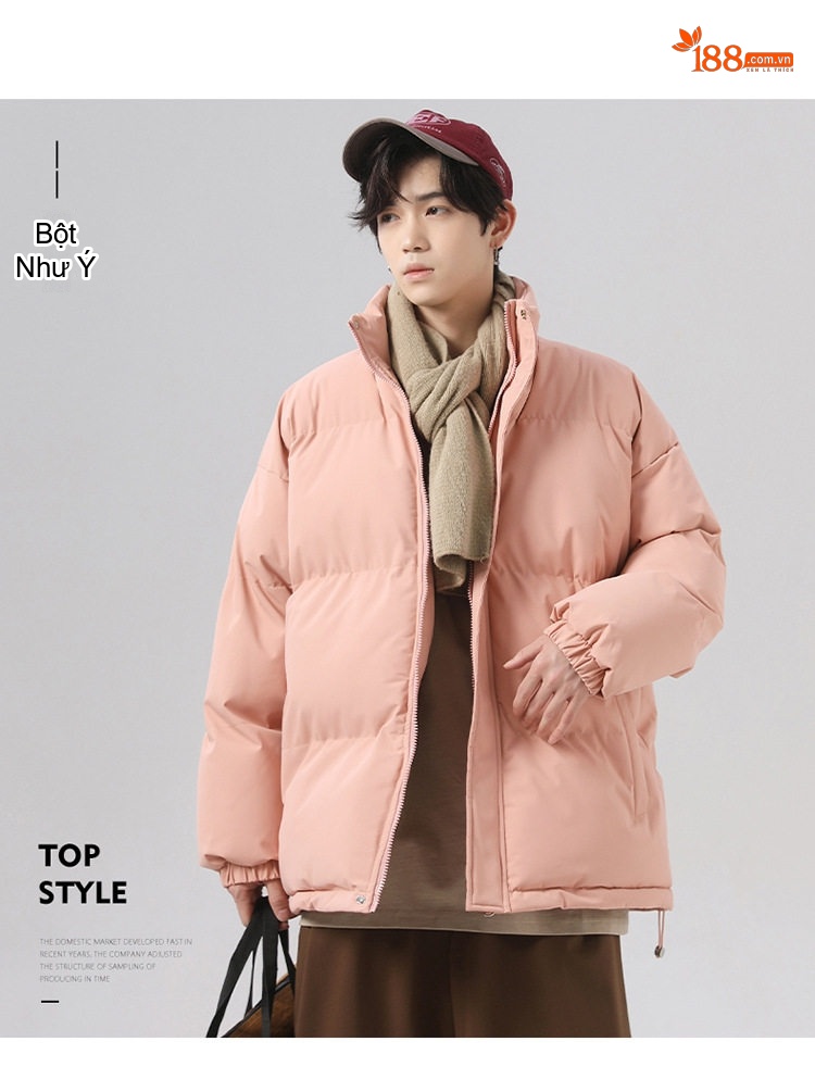 Áo Khoác Cotton Nam Nữ Dáng Rộng Cổ Trụ Chống Thấm Nước Mùa Đông Màu Xám Đậm, Tím, Đỏ, Xanh Lá... chi tiết 21