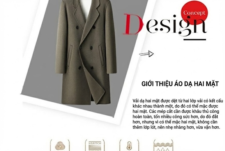 Áo Khoác Dạ Nam Lông Cừu Dáng Dài Double Breasted Màu Nâu, Đen, Xám chi tiết 3