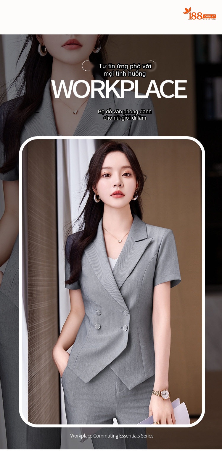 Bộ Vest Công Sở Nữ Tay Ngắn Quần Dài Màu Đen, Xám chi tiết 2