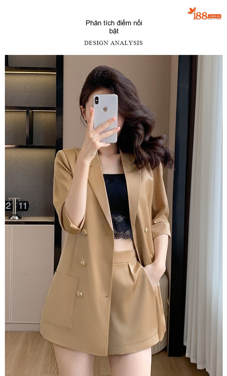 Bộ Vest Nữ Mùa Hè Áo Blazer Tay Lỡ Quần Short Ống Rộng Màu Xanh Lá, Kaki chi tiết 6