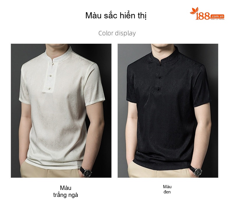 Áo Thun Tay Ngắn Nam Trung Niên Lụa Tơ Tằm Cổ Trụ Phong Cách Trung Hoa Màu Đen, Trắng chi tiết 8