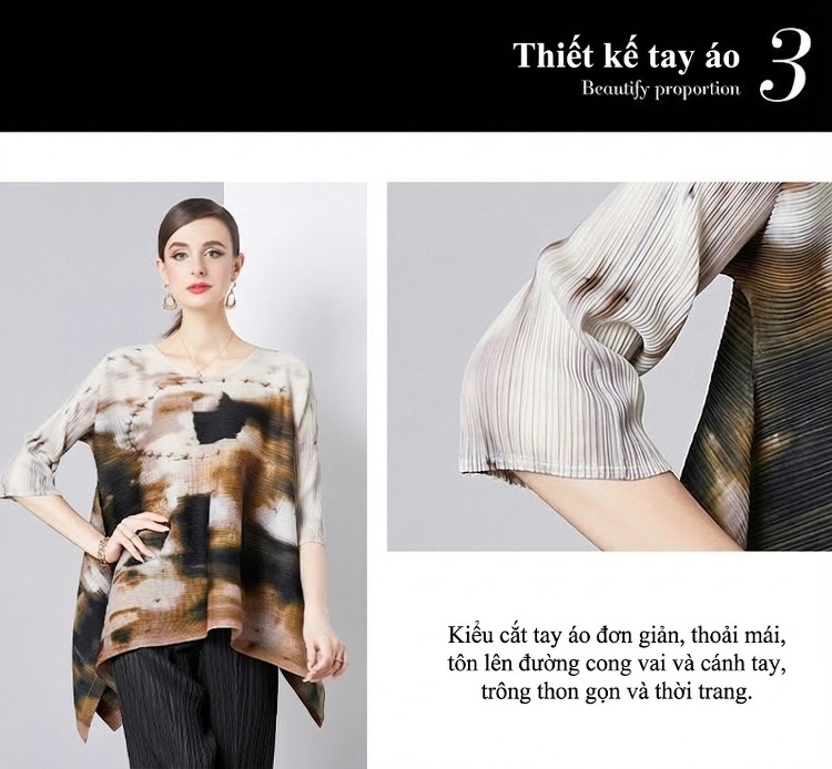 Áo Kiểu Nữ Dáng Rộng Tay Lỡ Cổ Tròn Họa Tiết In Dập Ly Cao Cấp Màu Nâu, Đen, Trắng, Vàng... chi tiết 9