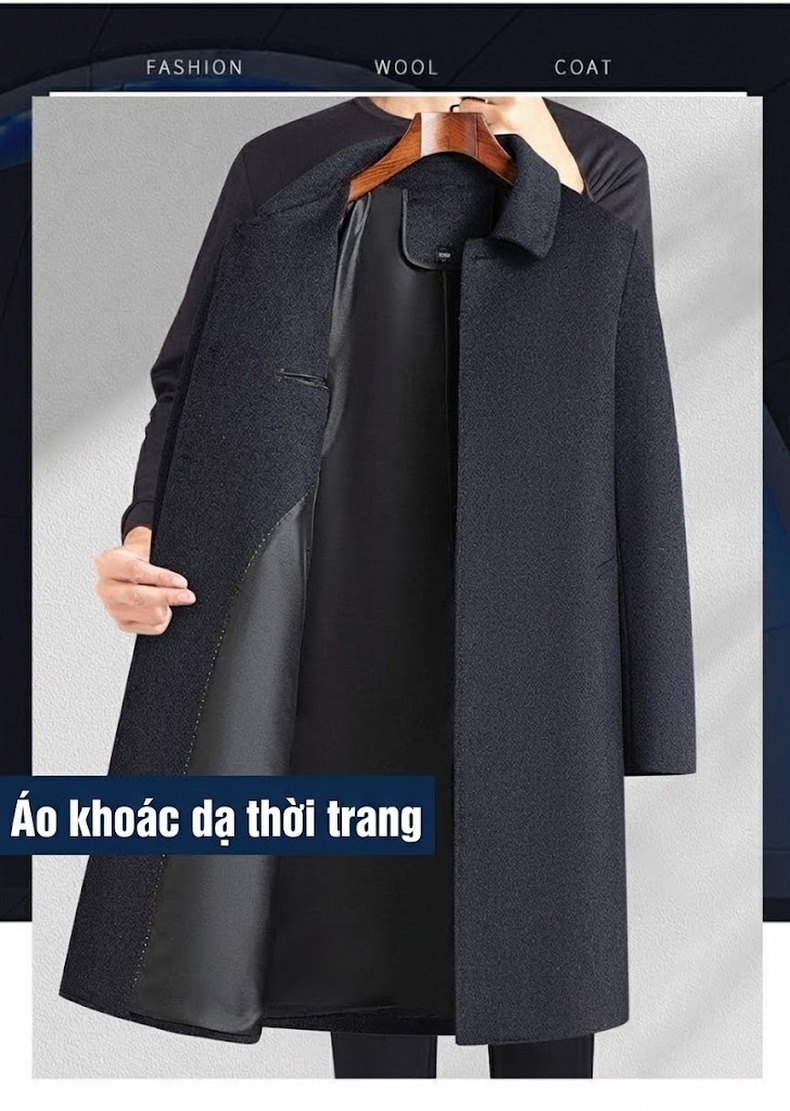 Áo Khoác Dạ Nam Trung Dài Woolen Phong Cách Business Casual Màu Xám Đậm chi tiết 1