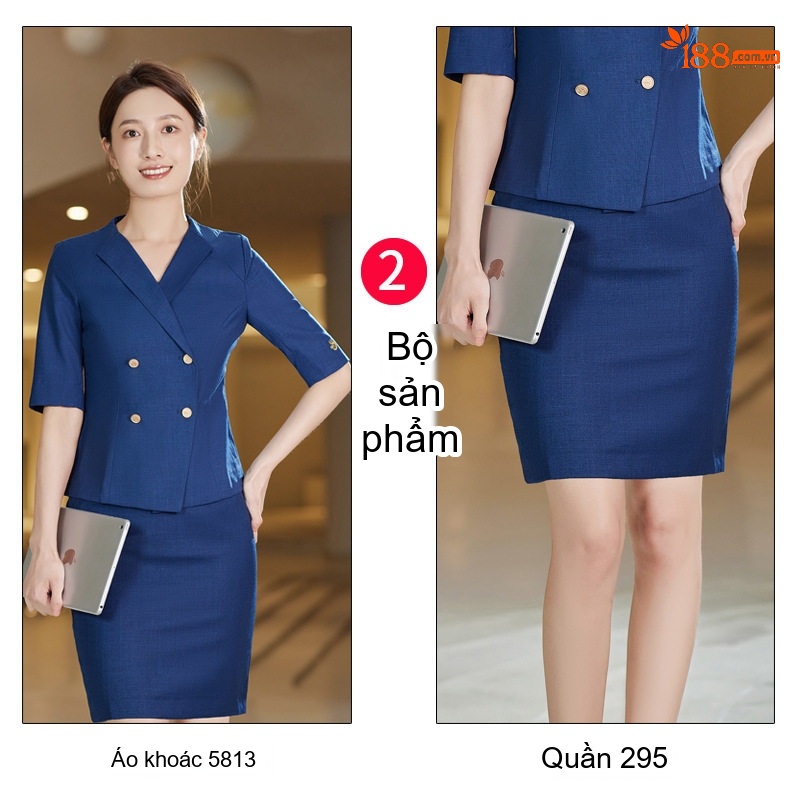 Bộ Quần Áo Công Sở Nữ Tay Ngắn Cổ chữ Vest Phong Cách Lao Feng Xiang Màu Xanh Navy