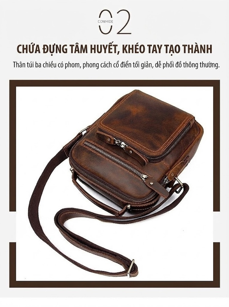 Túi Đeo Chéo Nam Da Thật Túi Đeo Vai Da Mad Horse Màu Nâu chi tiết 4