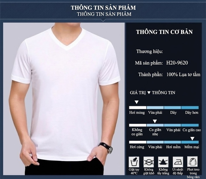 Áo Thun Nam Cổ Tim Tay Ngắn Lụa Tằm Thoáng Mát Màu Trắng chi tiết 4