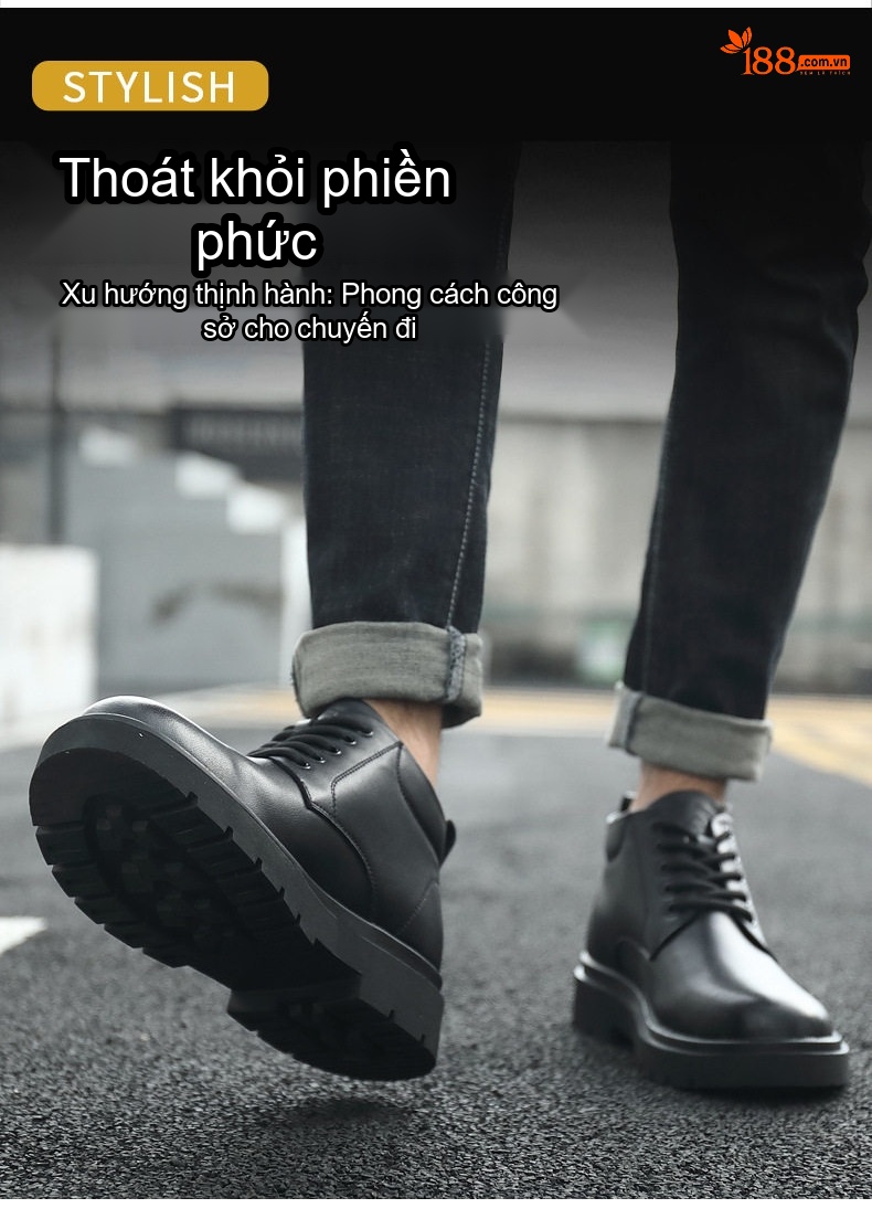 Giày Boot Nam Cổ Lửng Da Bóng Buộc Dây Chiều Cao Đế Khoảng 4cm Màu Đen chi tiết 2