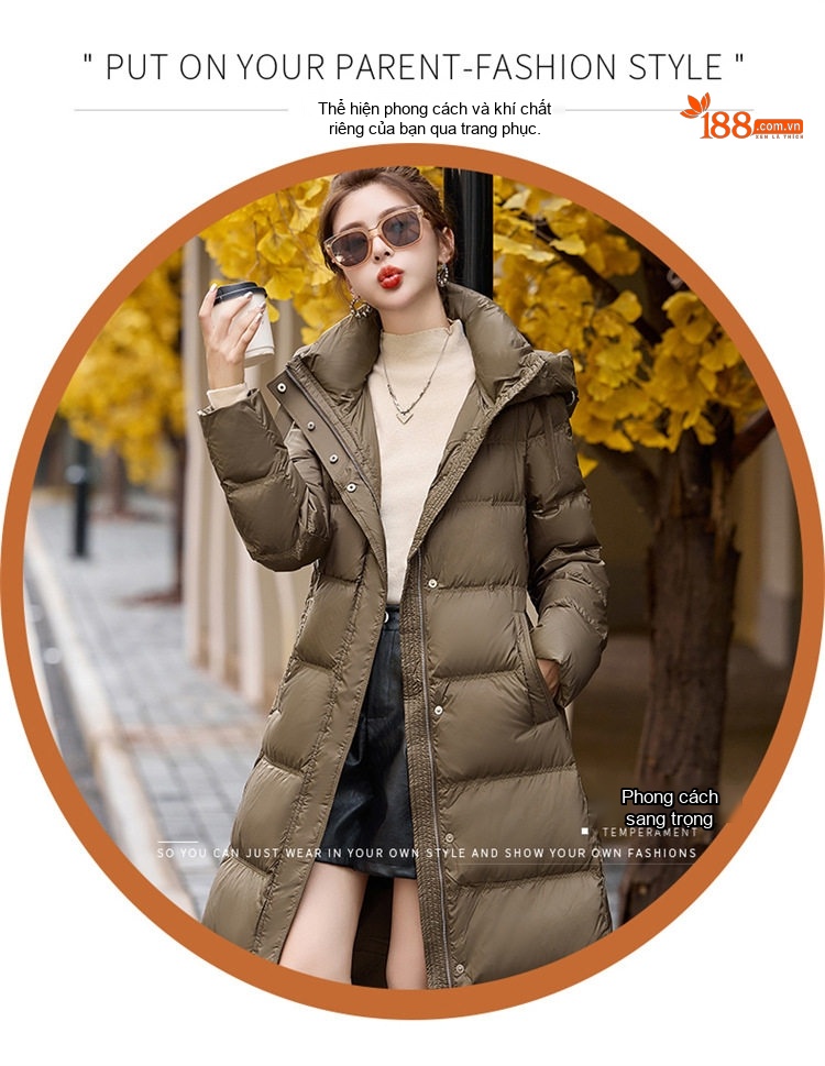 Áo Phao Nữ Dáng Dài Có Mũ Lông Vũ Trắng Ấm Áp Thời Trang Kèm Đai Màu Be, Nâu, Đen, Trắng chi tiết 3