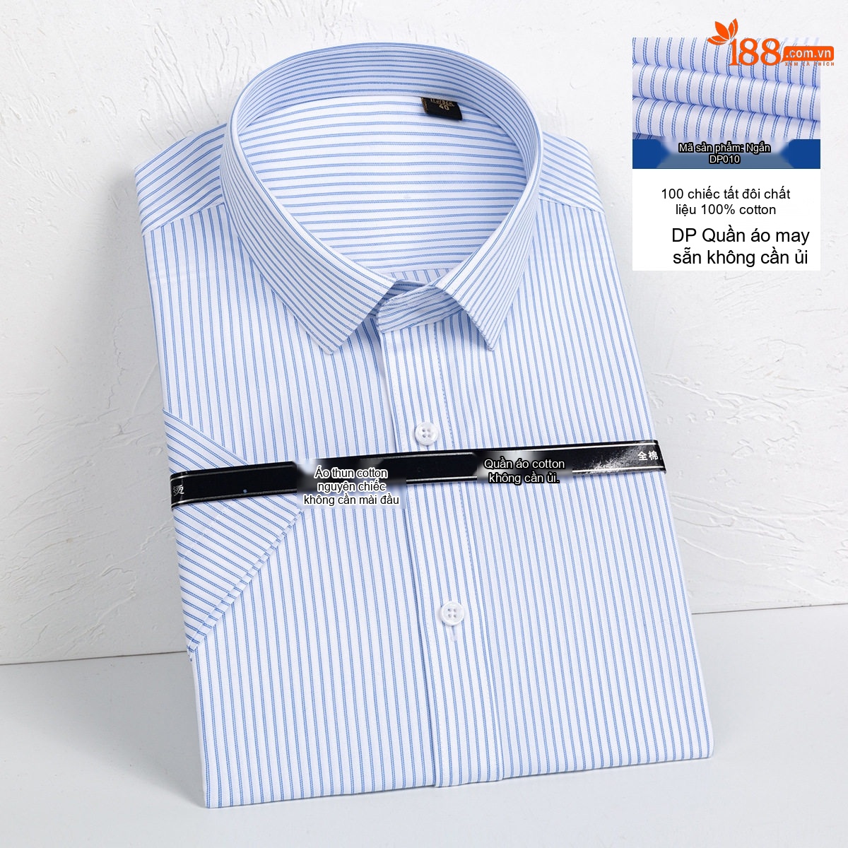 Áo Sơ Mi Nam Tay Ngắn Cotton Dáng Ôm Chống Nhăn Màu Xanh, Trắng