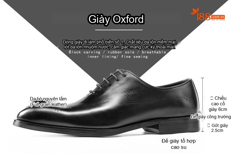 Giày Tây Buộc Dây Nam Da Bóng Brogue Oxford Chiều Cao Đế Khoảng 3cm Màu Đen, Nâu Đỏ chi tiết 2