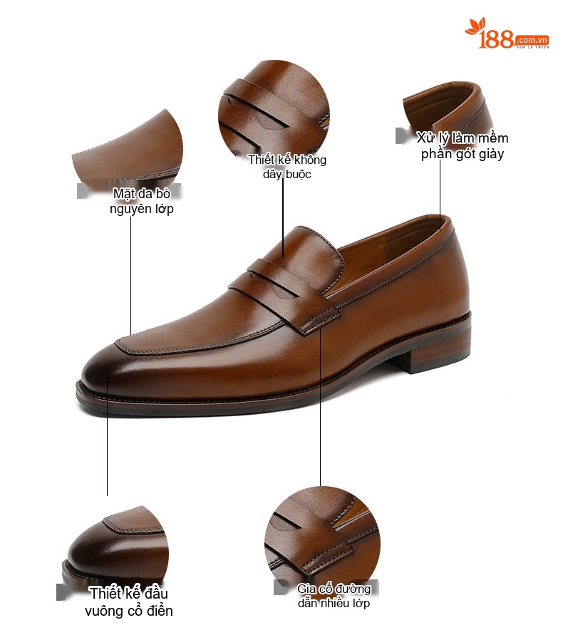Giày Lười Nam Da Bò Công Sở Chiều Cao Đế Khoảng 2cm Màu Nâu chi tiết 10