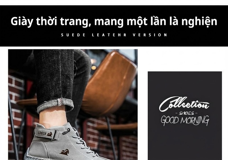 Giày Martin Cổ Cao Nam Khâu Tay Thủ Công Phong Cách Casual Chiều Cao Đế Khoảng 3cm Màu Be, Đen, Xám chi tiết 3